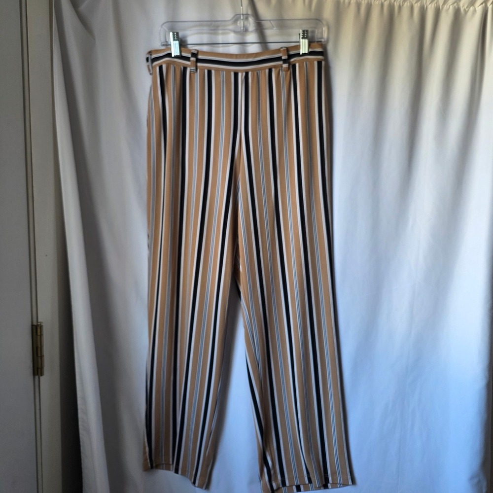 Susan Graver Liquid Knit Striped Pull On Pants Tan Black White Petite Medium